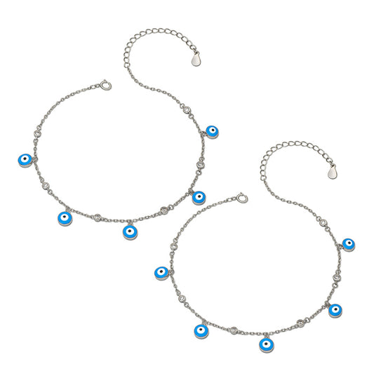 Silver Blue Evil Eye Pair of Anklets