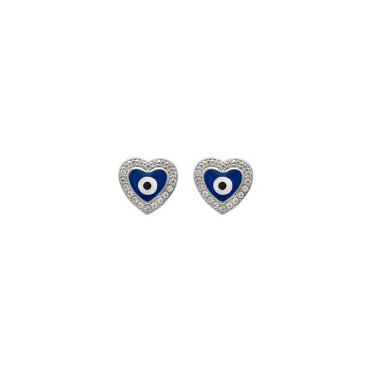 Silver Blue Heart Evil Eye Stud