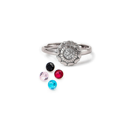 Silver Wheel Of Heart Adjustable Ring (5 in 1 Crystal)
