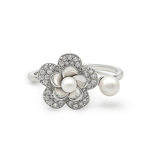 Silver Floral Pearl Ring